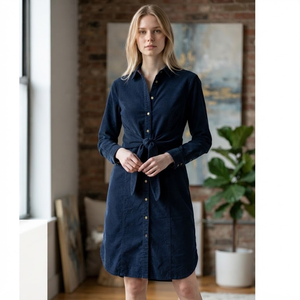 Maeve Anthropologie Navy Blue Corduroy Tie Front Sz 4 Dress Brass Button (WK59)